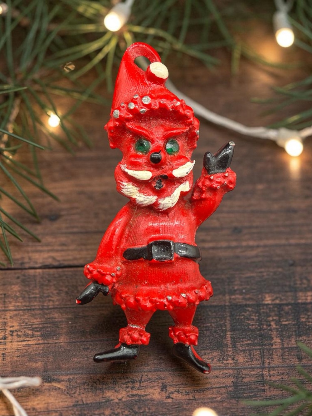 Vintage Evil Santa/ Elf Brooch with Green Eyes